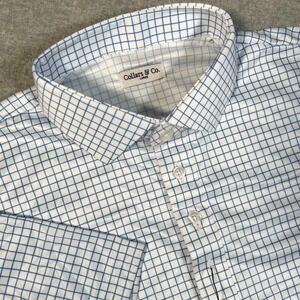 Collars & Co Polo Shirt Mens L White Blue Gingham Check Dress Collar NEW NWOT